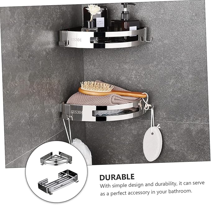 2Pcs Bathroom Shelf No Drill Corner Storage Rack with Hooks Modern Minimalist Design for Kitchen Bathroom High Load Bearing Tripod