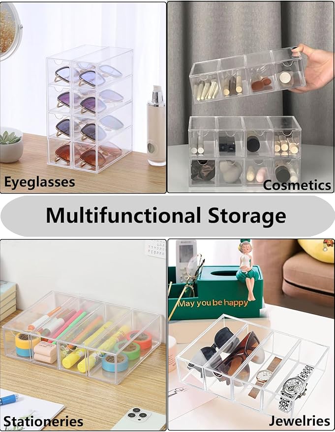Stackable Organizer for Glasses, Sunglasses, Reading Glasses, 4 Drawers, Clear Acrylic Makeup Organizer for Cosmetic Storage and Organization