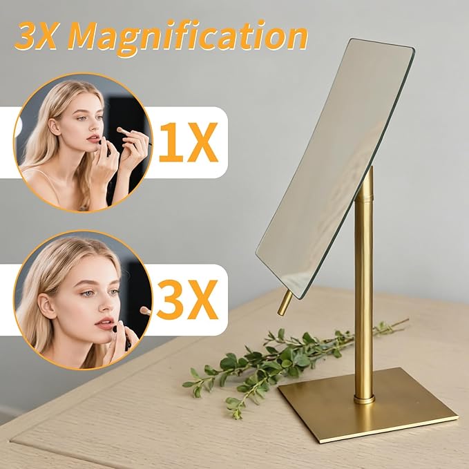 Bronze Table Standing Rectangular Vanity Makeup Mirror with 3X Magnification, Highly Adjustable, Crafted from 304 Stainless Steel, for Hotel Bathroom