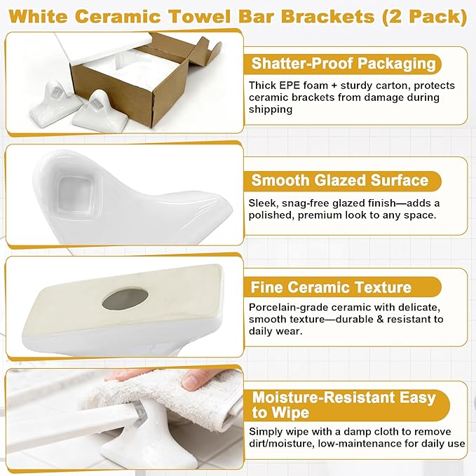 2 Packs White Ceramic Porcelain Towel Bar Brackets - Vintage Retro Mid Century Modern Wall/Tile Mount Flat Back Towel Rack Post Holder Set for Bathroom Kitchen Accessories | Rod Not Included