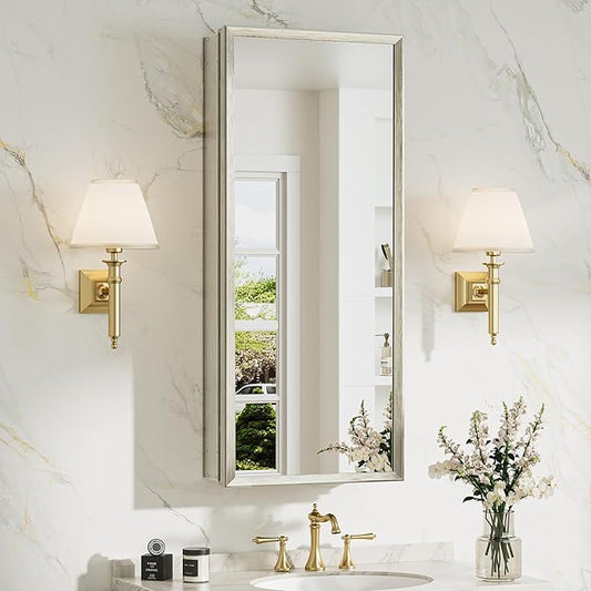 TokeShimi 15 x 36 Brushed Nickel Recessed Medicine Cabinet with Mirror, Assembly Required, Bathroom Medicine Cabinet with Mirror, Stepless Adjustable Shelves, Beveled Aluminum Frame, DTC Hinge