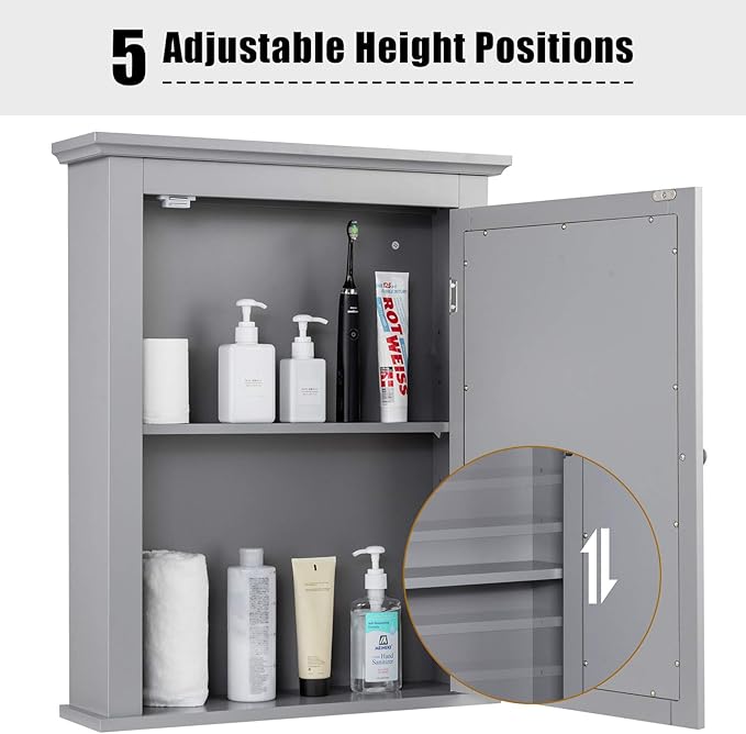 Tangkula Bathroom Cabinet with Mirror, Mirrored Wall-Mounted Storage Medicine Cabinet w/Single Door & Adjustable Shelf in 5 Positions, Multipurpose Wall Cabinet for Bathroom (Gray)