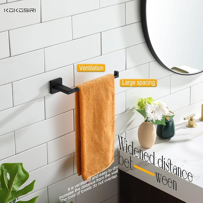 KOKOSIRI Towel Bar Matte Black Bathroom Towel Rack Holder Wall Mount Hand Towel Hanger for Bathroom Organization, Heavy Duty Stainless Steel B3006BK