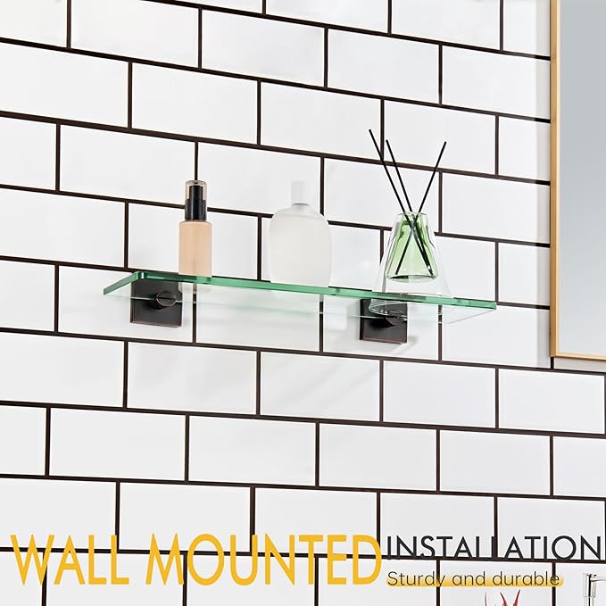 KOKOSIRI Tempered Glass Shelves 16-Inch Bathroom Floating Wall Shelf Kitchen Rack Shower Storage, 2 Pack Oil Rubbed Bronze Stainless Steel B1107ORB-L16-P2