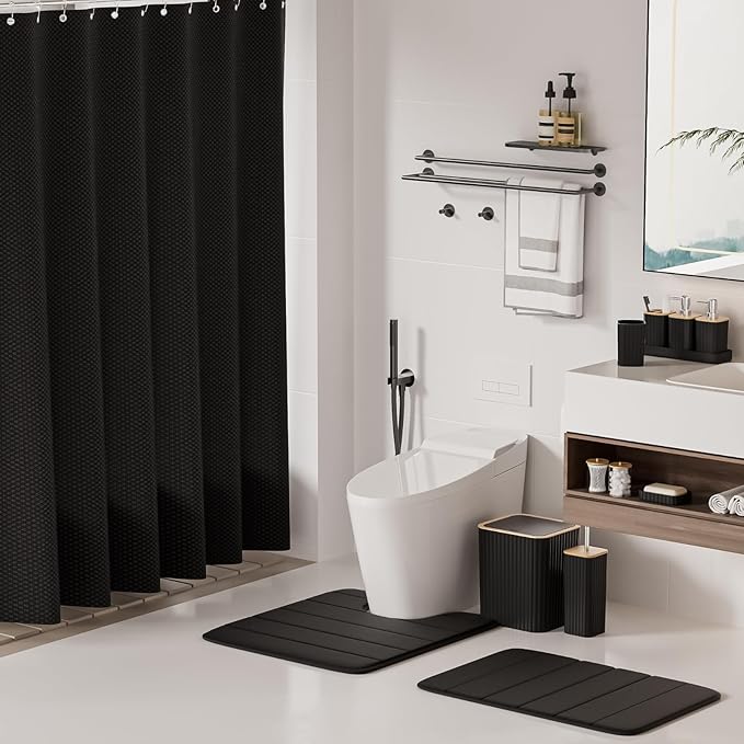 XLHOMO Bathroom Set - 25PC Black Bathroom Set with Shower Curtain and Rugs, Bathroom Accessories Set, Black Shower Curtain Set with Bathroom Trash Can