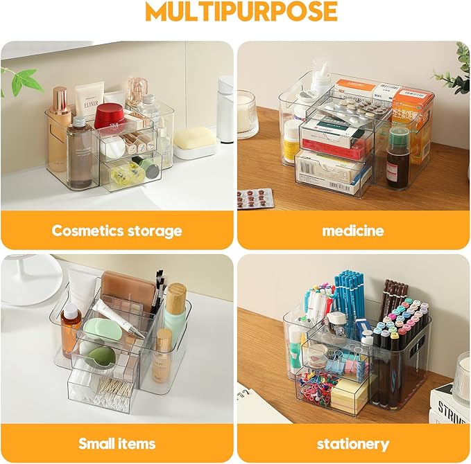 Hair Accessories Organizer for Girls & Women, 2-Drawer Clear Plastic Hair Brush Holder with 3 Compartments, Vanity Countertop Makeup Organizer for Hair Ties, Clips & Bobby Pins