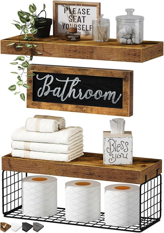 QEEIG ‎Bathroom Shelves Over Toilet - Paper Storage Wall Mounted Farmhouse Decor Decorations Aesthetic Décor Sign Small Floating Shelf 2+1 Set 16 inch, Rustic Brown (020BN)