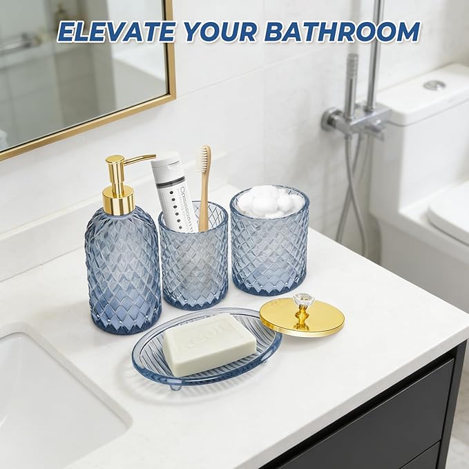 Jenseits Glass Bathroom Accessory Set 4 Piece - Elegant Blue Diamond Cut Bathroom Set - Lotion Dispenser, Toothbrush Holder, Cotton Swab Jar, Tray - Modern Guest Bathroom Countertop Decor