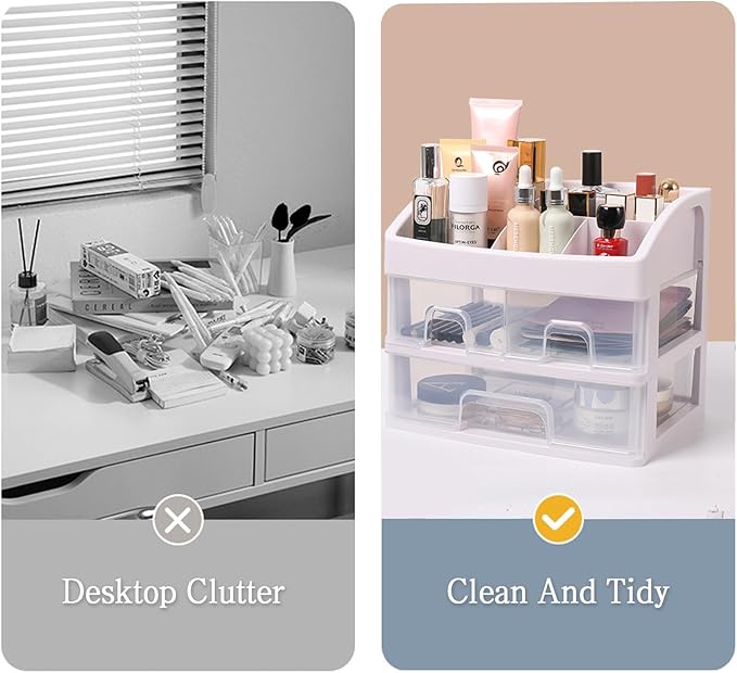 Cosmetic Storage Box Cosmetic Display Cabinet Bathroom Dressing Table Organizer with 3 Drawers and 1 Tray Makeup Organizers for Counter (White)
