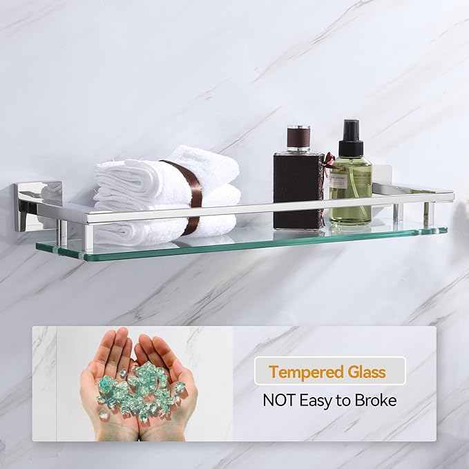 LANC Chrome Bathroom Shelf Glass Shelves 20-Inch Floating Tempered Glass Shelf Rectangular Stainless Steel Wall Mounted Silver Polished Shelves for Bathroom Kitchen Organizers Accessories, A7613CP