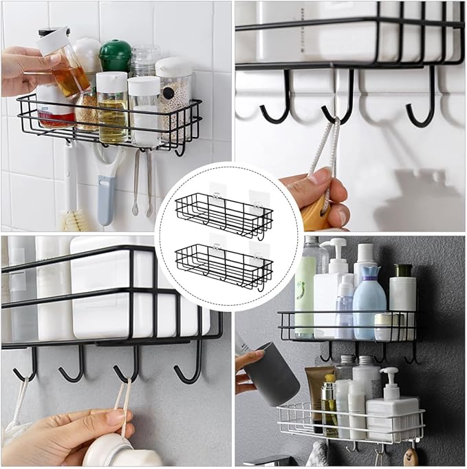 Veemoon Wall-Mounted Punch-Free Storage Rack with Hooks 2pcs, Iron Material, Nail-Free Organizer Shelf for Bathroom Kitchen, Black Bathroom Hanging Storage Solution
