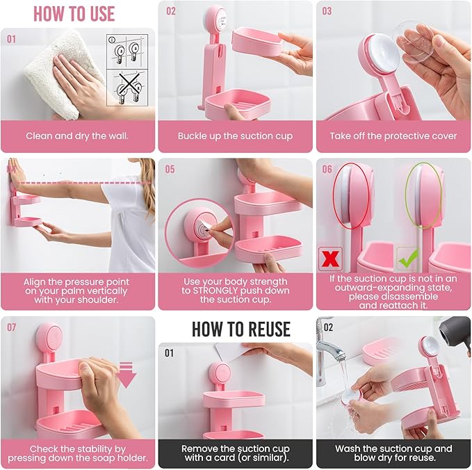 TAILI Soap Holder Soap Dish for Shower, Suction Cup Soap Holder for Shower Wall, Bathroom Accessories, Removable Strong Hold Soap Saver, Drill Free Double Soap Dish, Pink 2 Layer