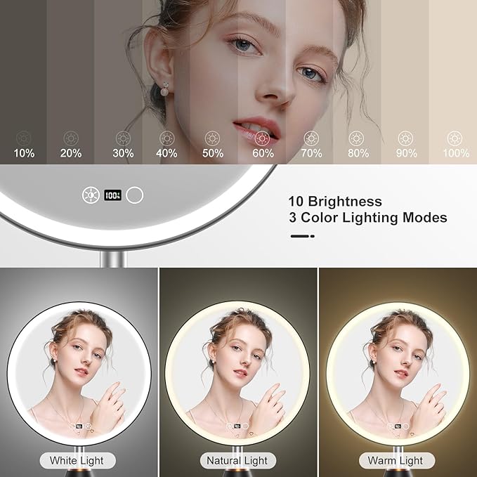 FRANO 10.5" Professional Makeup Mirror with Lights, Rechargeable HD Vanity Mirror, CRI≥98 True-Sunlight, 3 Color Modes & Stepless Dimming, 5000mAh, Valentines Day Gifts for Her