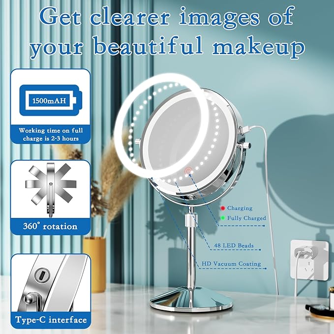 Vanity Mirror with Lights 7" Rechargeable 1x/10x Lighted Makeup Mirror Adjustable Height Double Sided Mirror with Lights 360°Rotating Makeup Mirror