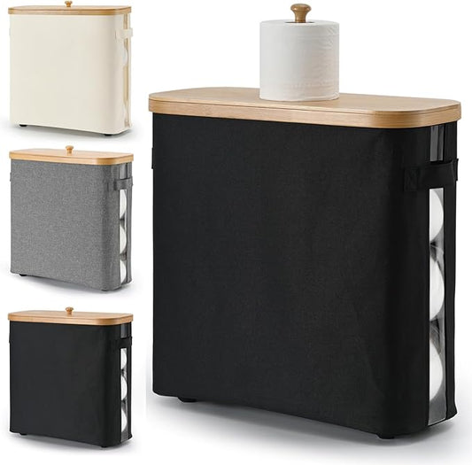 32L Bathroom Toilet Paper Storage Basket with Lid and Handle - Mega Capacity， Bamboo Collapsible Toilet Paper Holder Storage with Non-Slip Bottom, Extra Toilet Roll Storage, Starry Black，1 Pack