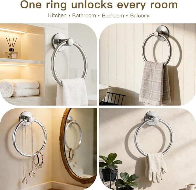 Besteffie Adhesive Towel Ring Wall Mount Hand Towel Ring Self Adhesive Towel Hanger Premium SUS304 Stainless Steel Rustproof Brushed Nickel, Kitchen, Bathroom Hand Towel Holder