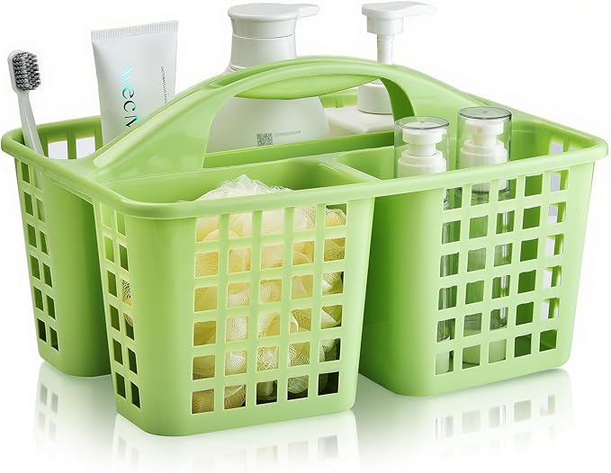 ALINK Plastic Shower Caddy Basket with Compartments, Portable Divided Cleaning Supply Storage Organizer with Handle for College Dorm Bathroom - Green