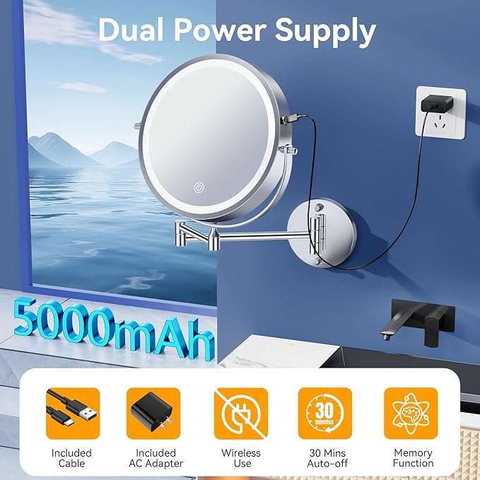 9'' 30X/1X Wall Mounted Lighted Makeup Mirror, 5000mAh Rechargeable Double-Sided Magnifying Mirror with Light, Bathroom Mirror Touch Dimmable 3 Colors 360° Rotation Extended Arm, Power Adapter