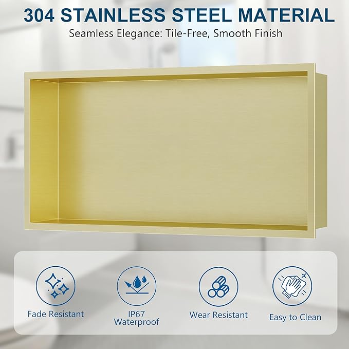 Neodrain Shower Niche, Insert Bathroom Storage Shower Shelf, Stainless Steel Recessed Wall Niche No Tiled Recessed Cabinet Waterproof for Shower Storage(Gold,24"x12")