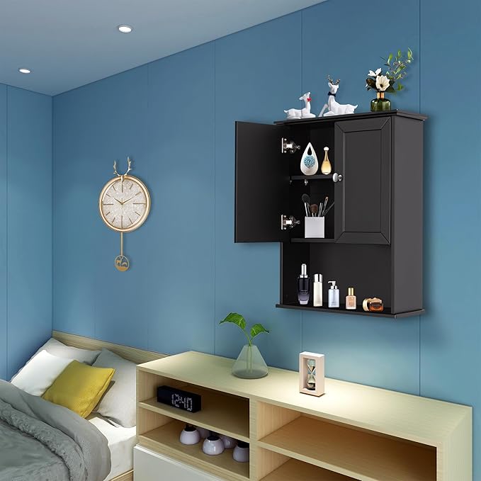 VANIRROR Black Wall Cabinet 24x30 Inch Wooden Over The Toilet Storage Cabinets with 2 Doors, Above Toilet Storage Medicine Cabinets for Bathroom Laundry Room Bedroom Kitchen