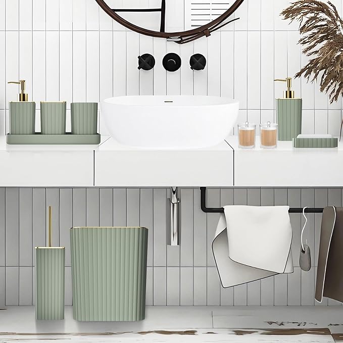 XLHOMO Bathroom Accessories Set - Gorgeous Bathroom Set, 10PC Sage Green Bathroom Accessory Set, Toilet Brush, Trash Can & Soap Dispenser