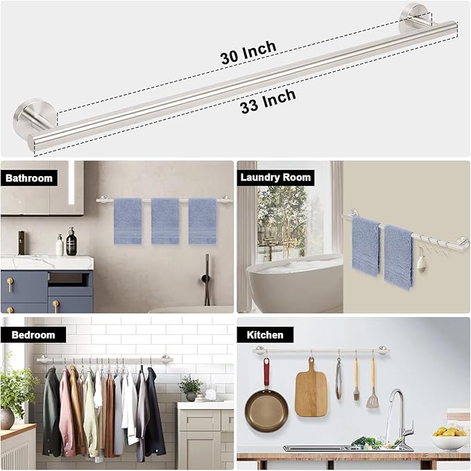 Livabber Bath Towel Bar, 304 Stainless Steel Towel Rack, Heavy Duty Towel Holder Wall Mounted for Bathroom/Kitchen, Usable Hanging Length-30 Inch, Total Length-33 Inch (Brushed Nickel)