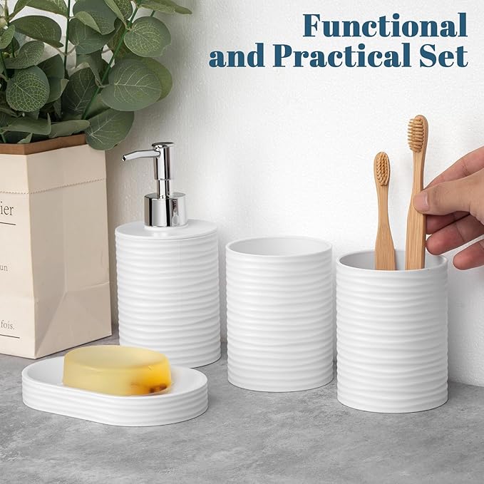 Plastic Bathroom Accessories Set 4Pcs, White Bathroom Accessory Set Includes Liquid Soap Dispenser with Rust-Proof Plastic Pump, 2Pcs Bathroom Cup, Soap Dish for Modern Home Apartment