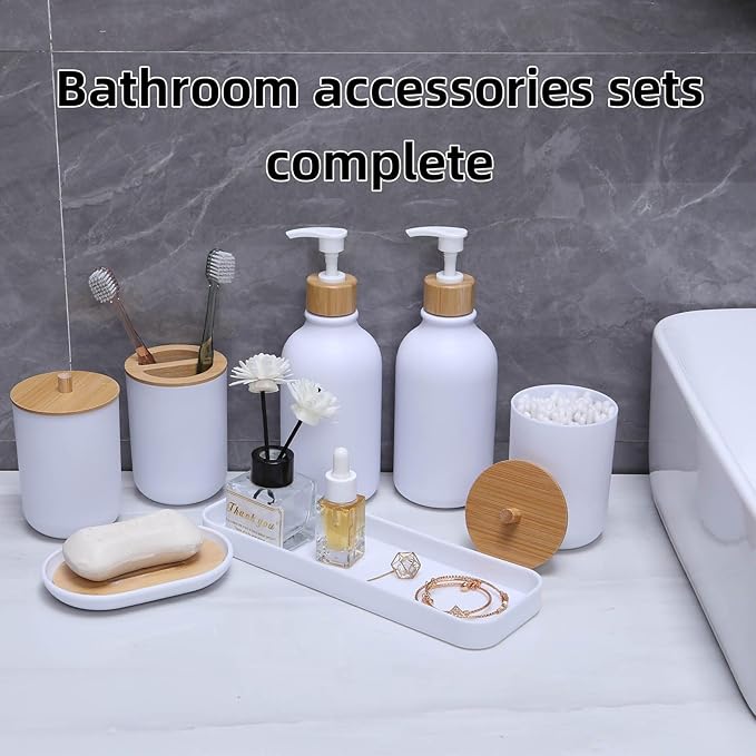 Matte White Bathroom Accessories Set 9PCS,Bamboo Bathroom Accessories Sets Complete with Trash Can,Soap Dispenser and Toothbrush Holder Set,Toilet Brush,Qtip Holder,Vanity Tray,Soap Dish