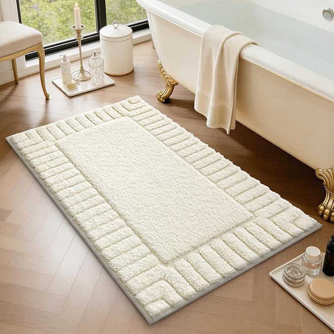 LUMI Bathroom Rugs Non Slip with Rubber Backing, Extra Soft Plush Microfiber Bath Rug Absorbent, Machine Washable Bath Mat Quick Dry for Tub, Shower, Ivory White, 20"x32"