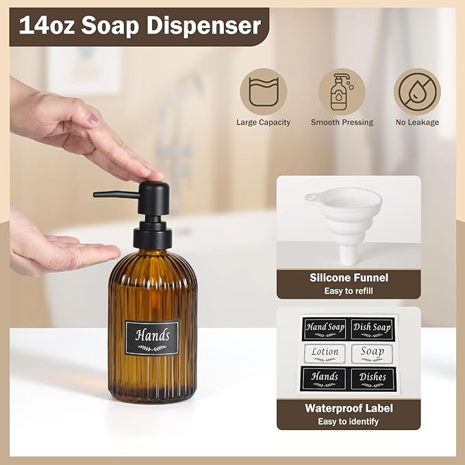 Shinowa Glass Bathroom Accessories Set, 5 Piece Luxury Bathroom Set with Soap Dispenser, Toothbrush Holder, Qtip Holder with Lid, Soap Dish & Tray, Modern Vanity Countertop Organizer, Brown + Black