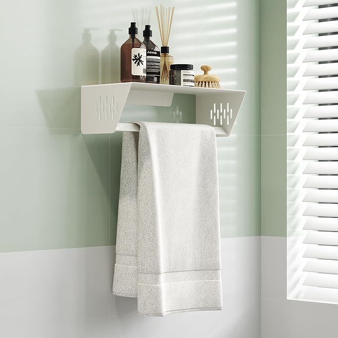 Qeke Bathroom Lavatory Towel Rack, Wall Mount Towel Holder Towel Hanger Shelf with Towel Bar, SUS 304 Stainless Steel Towel Rack for Bathroom and Lavatory, Matte White, 14 Inch