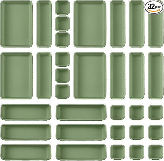 32 Pcs Desk Drawer Organizer Office Organization Tray Versatile Vanity Organizer with Nonslip Pads Makeup for Divider Drawer Storage Box Container for Kitchen Bedroom (Dark Green)