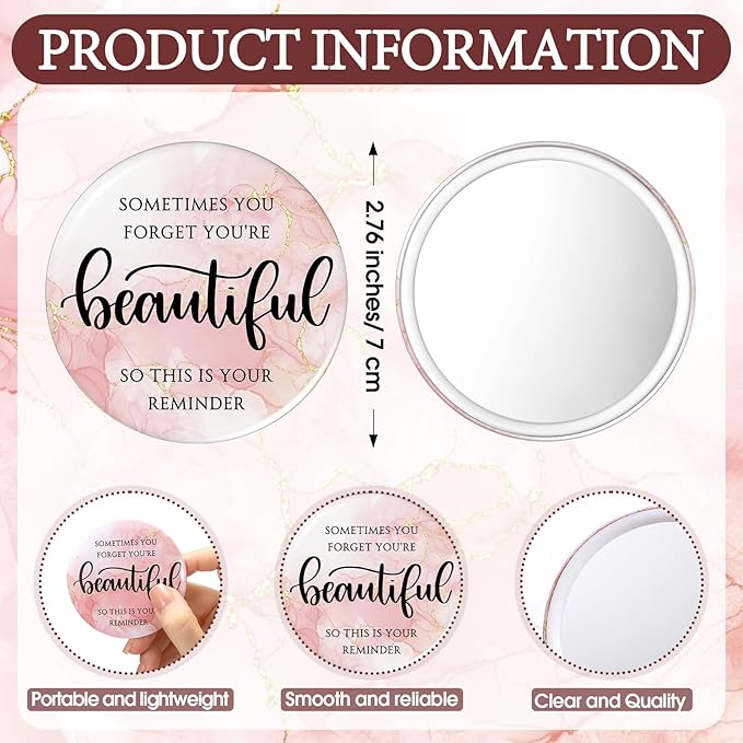 Cinnvoice 25 Sets Pink Inspirational Mini Compact Mirror Bulk for Women Small Portable Round Purse Mirrors Employee Appreciation Gift for Graduation Party Favors Coworker Nurse (Beautiful)