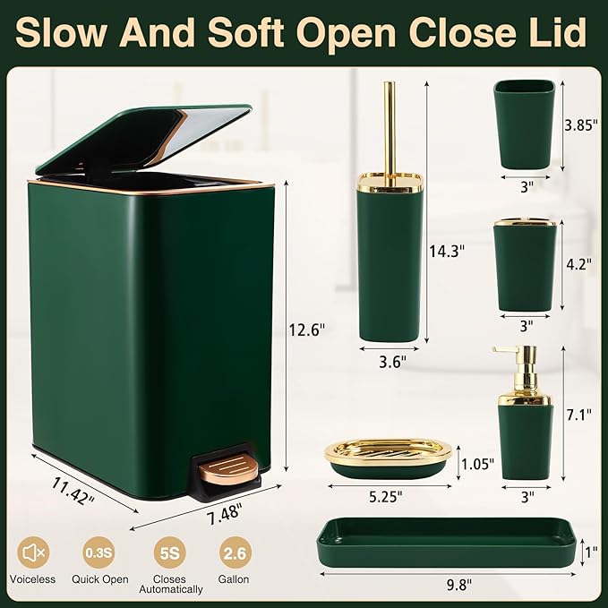 XLHOMO Bathroom Set Bathroom Accessories Set 8 Piece Green and Gold Bathroom Set, Bathroom Sets with Stainless Steel Trash Can,Toilet Brush,Toothbrush Set,Soap Dispenser