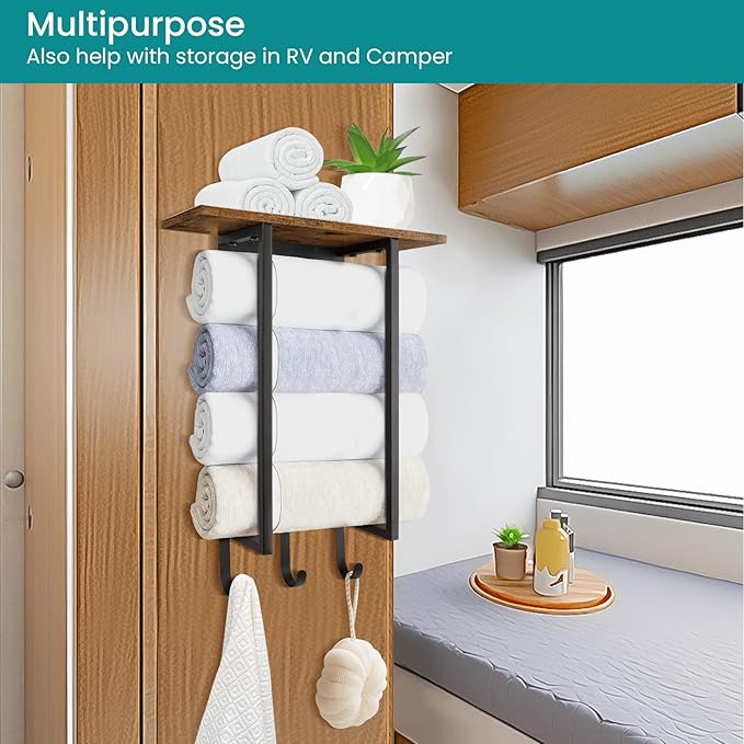 ELITEROO Towel Racks for Bathroom Wall Mounted, Towel Holder with Wooden Shelf and 3 Hooks for Washcloths Hand Towel, Bath Towel Storage Organizer for Small Bathroom, RV, Rustic Brown