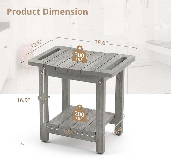 LUE BONA HDPS Shower Benches for Inside Shower, Gray Shower Stool for Shaving Legs with Shelf, Waterproof Shower Chair Seat for Spa Bathroom, Weather Resistant/Non-Slip/Handles/Indoor or Outdoor Use