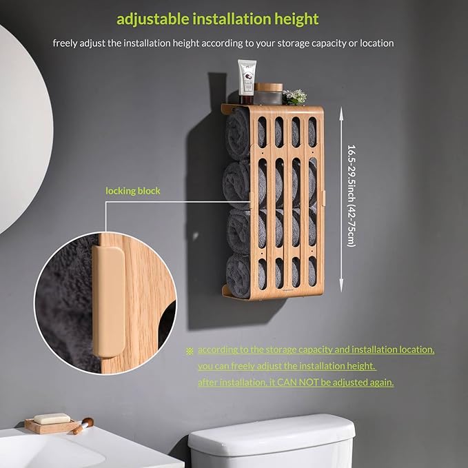 simpletome Towel Storage Rack Adjustable Height Wall Mount Bathroom Shelf Organizer Carbon Steel (Beech)