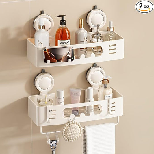 Voldra Shower Caddy Suction Cup, Shower Shelves for Inside Shower No Drilling, Aluminum Suction Showers Organizer for Wall with Towel Bar & Hooks Removable Bathroom Storage Rack(2 Pack-White)