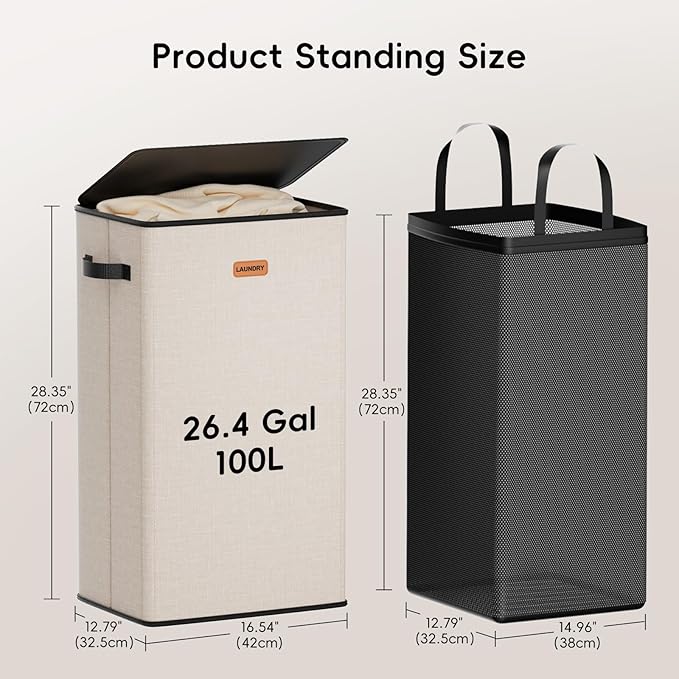 100L Laundry Hamper with Lid, Large Clothes Hampers with Removable Bag, Collapsible Laundry Basket for Bathroom, Bedroom, Laundry Room, Dorm, Beige