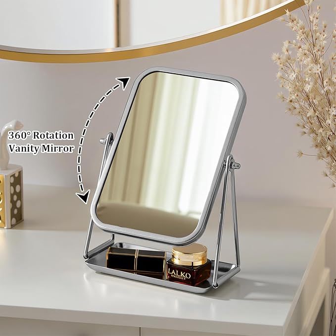 Small Desk Mirror with Storage Tray Silver Iron Frame Standing Mirrors for Desk Countertop Makeup Mirror with 360 Degree Swivel Portable Vanity Mirror for Living Room Bedroom Bathroom