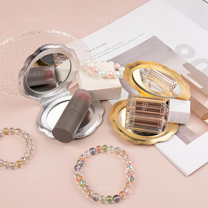 AUEAR, 4 Pack Glitter Shell Mirror Double-Sided Magnification Makeup Mirrors 4 Colors Mini Portable Foldable for Purse Handbag Pocket