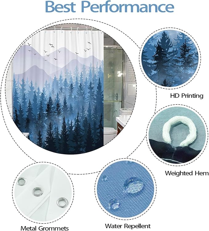 Accnicc 84 Inch Extra Long Blue Misty Forest Shower Curtain Set Ombre Navy Blue Mountain Pine Tree Waterproof Fabric Shower Curtains for Bathroom Nature Woodland Decorative Modern Bath Curtain Decor