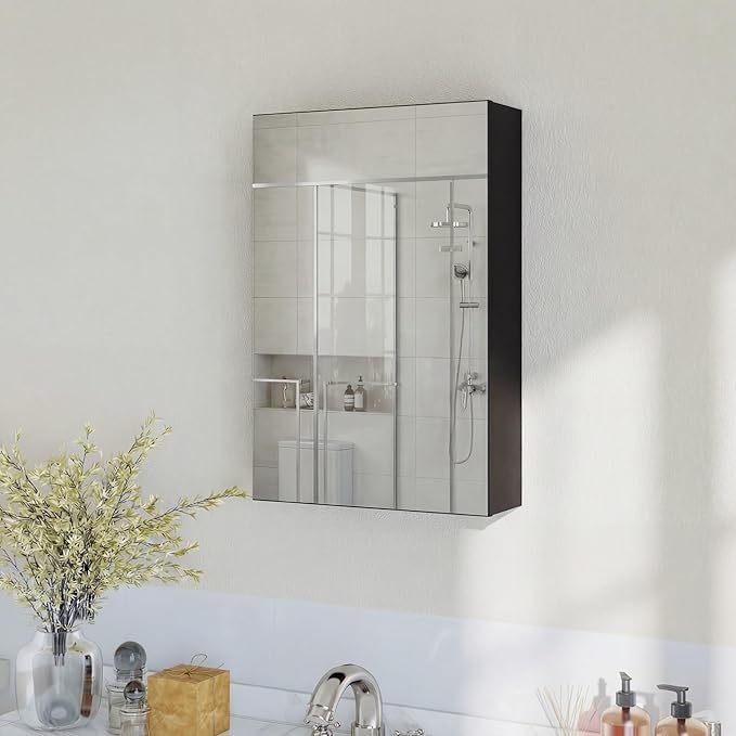 Panana Wall Mounted Bathroom Medicine Cabinet with Mirror, Single Mirrored Door, Adjustable Storage Shelves, Bathroom Wall Storage Organizer (Black, 15.7x23.6 inch)