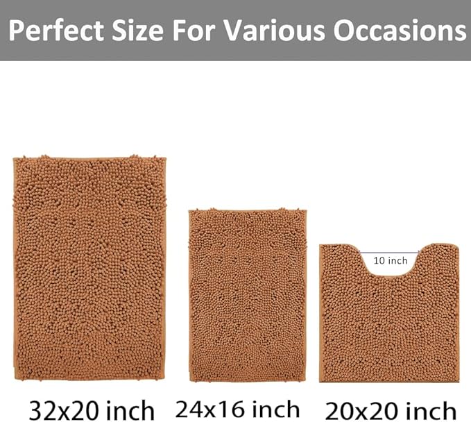 Bathroom Rugs Sets 3 Piece Non Slip Extra Absorbent Shaggy Chenille Bathroom Rugs and Mats Sets, Soft & Dry Bath Rug/Mat Sets for Bathroom Washable Carpets