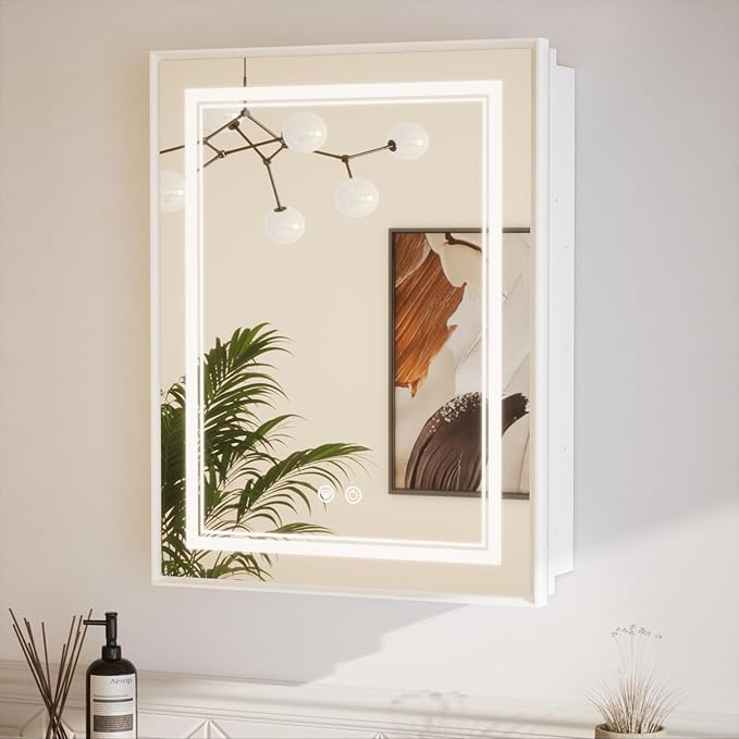 TETOTE White Led Lighted Bathroom Medicine Cabinet with Mirror 20 x 26 Recessed or Surface Mount Metal Framed Medicine Cabinet with Lights, Tempered Glass, 3 Color Dimming, Anti-Fog, 2 Outlets