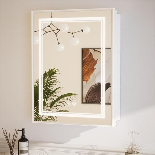 TETOTE White Led Lighted Bathroom Medicine Cabinet with Mirror 20 x 26 Recessed or Surface Mount Metal Framed Medicine Cabinet with Lights, Tempered Glass, 3 Color Dimming, Anti-Fog, 2 Outlets
