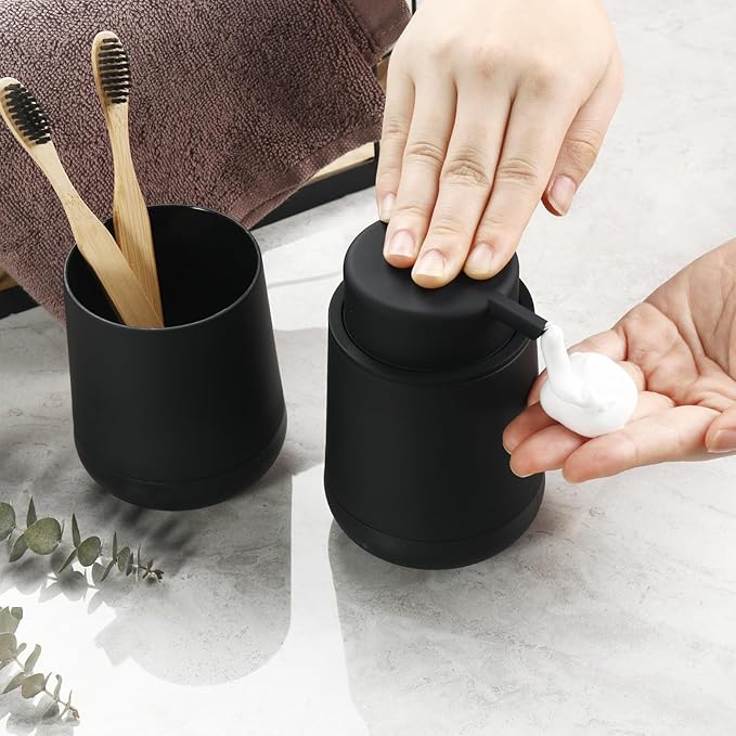 GAHEFY Black Bathroom Countertop Accessories Set - Foaming Soap Dispenser and Toothbrush Holder with Silicone Boot,Vanity Tray (Black Foam)