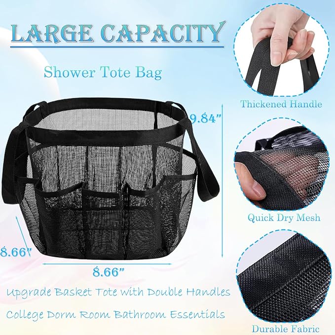 Mesh Shower Caddy Portable for College Dorm Room Essentials, 8-Pocket Large Capacity Shower Tote Toiletry Bag Basket, Quick Dry Hanging Organizer for Bathroom, Gym, Camp, Travel, Cruise, Beach