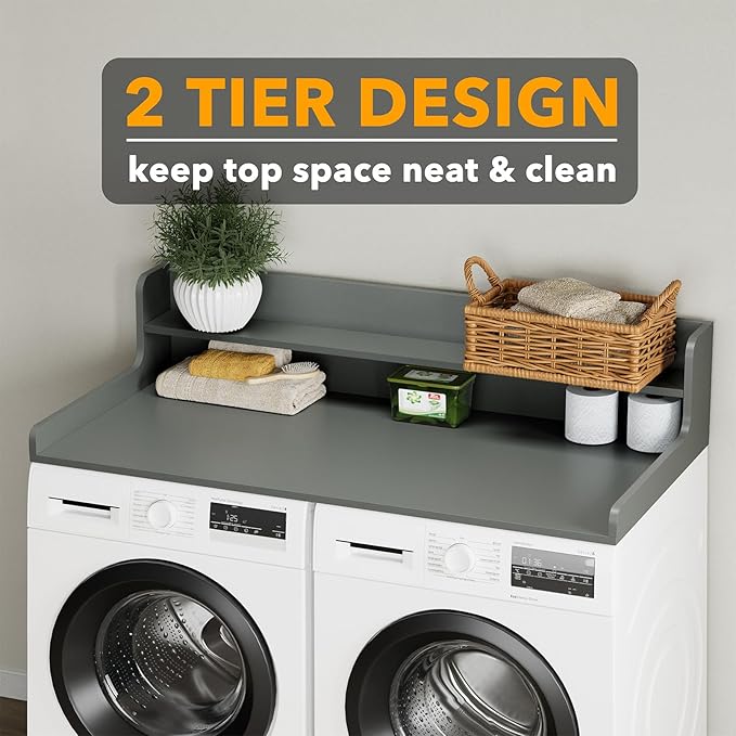 SpaceAid Washer Dryer Countertop with 2-Tier Shelf, Wood Topper with Edge, 54" Width x 27.5" Depth Cover Organizer Guard for Washer and Dryer Counter Laundry Hamper Storage (Gray)