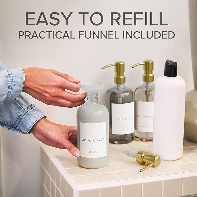 Stylish Shampoo and Conditioner Dispenser Set of 3 - Modern 21oz Shower Soap Bottles with Pump and Labels - Easy to Refill Body Wash Dispensers for an Instant Bathroom Decor Upgrade Clear